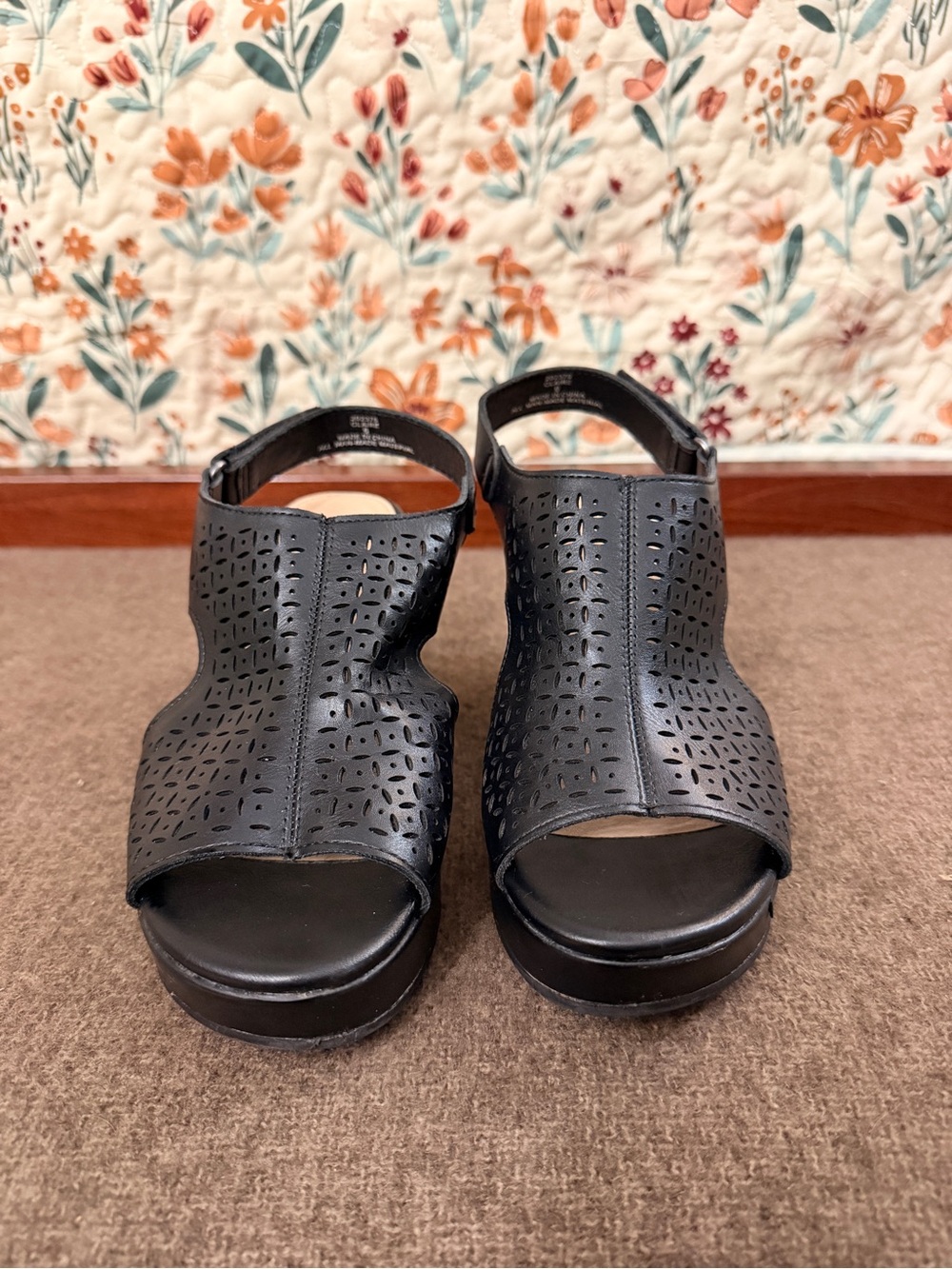 Black Perforated Slingback Sandals with Low Platform